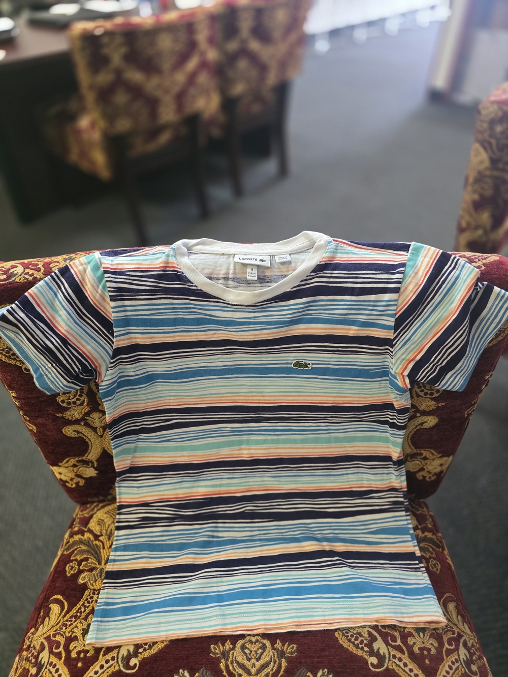 Lacoste Kids' Striped T-Shirt Size 8 Multicolor Crocodile Logo